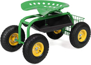 Sgabello da Giardino, Sgabello per Giardinaggio con Ruote, Sedile Regolabile in Altezza e Girevole a 360°, Cestello e Vassoio, Carrello per Prato e Giardino, Portata 150 kg(Verde)