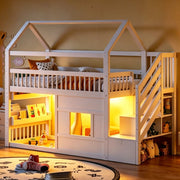Letto a soppalco per bambini con LED; scala a 2 vani e finestra LEMONMAX; 90x200 cm; cabana mezza altezza; pino massiccio; bianco