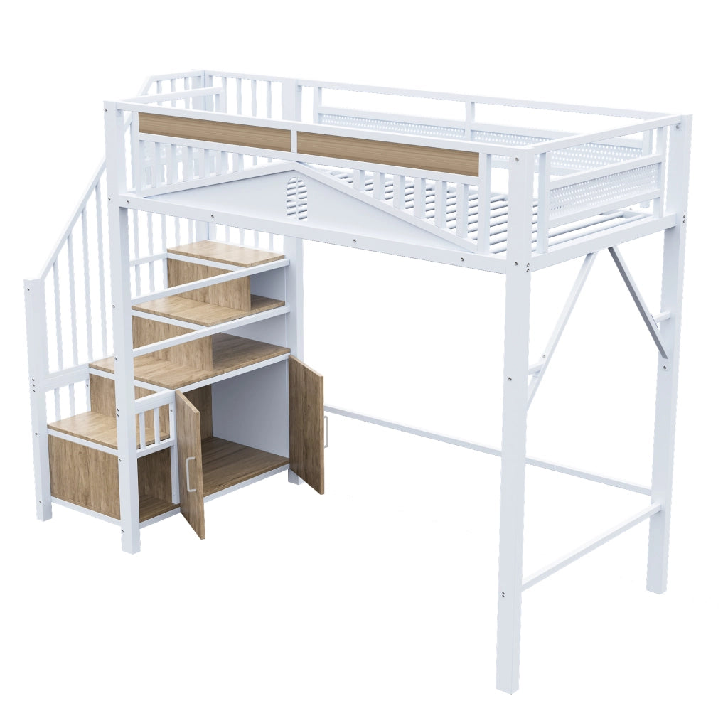 Letto a Soppalco Singolo con Scala Contenitore; Armadietto e Barriera di Sicurezza; 90×200 cm; senza Materasso