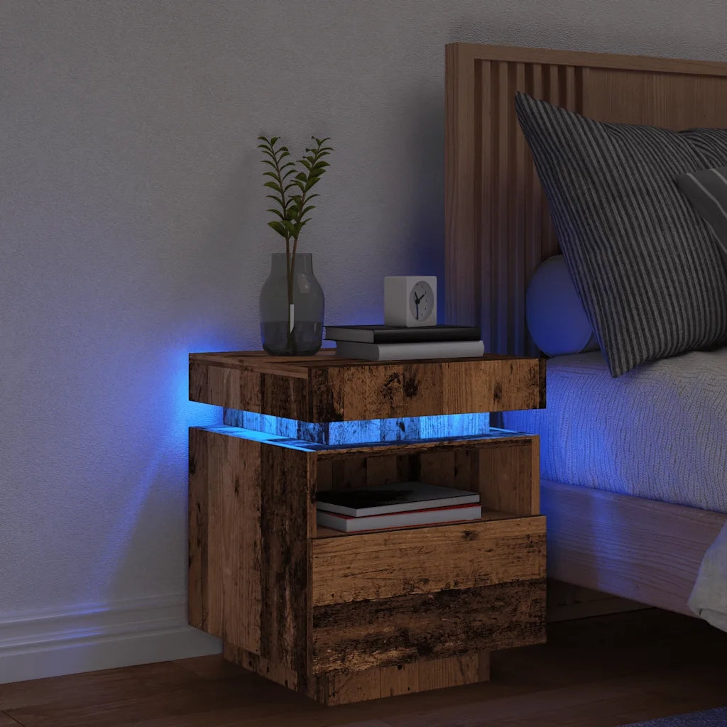 Comodino con Luci LED-Tavolino da notte Legno Antico 40x39x48,5 cm