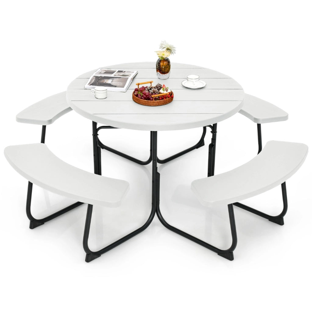 Set tavolo da picnic per 8 persone con 4 panche e foro per ombrellone, Tavolo da picnic circolare portata 225kg Bianco