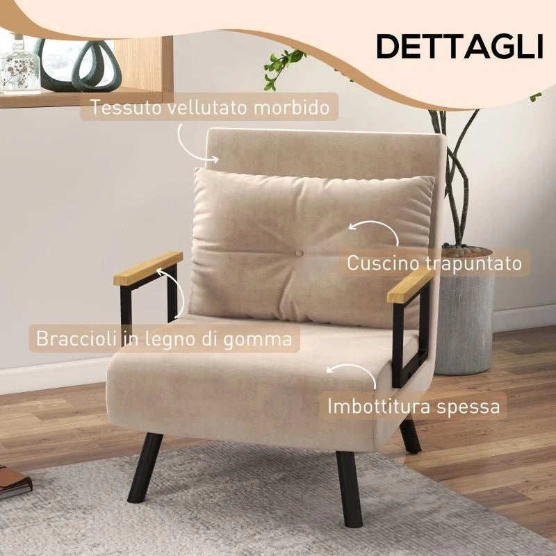 POLTRONA LETTO 3 IN 1 CON SCHIENALE RECLINABILE E CUSCINO, IN TESSUTO EFFETTO VELLUTO, 63X73X81 CM, BEIGE