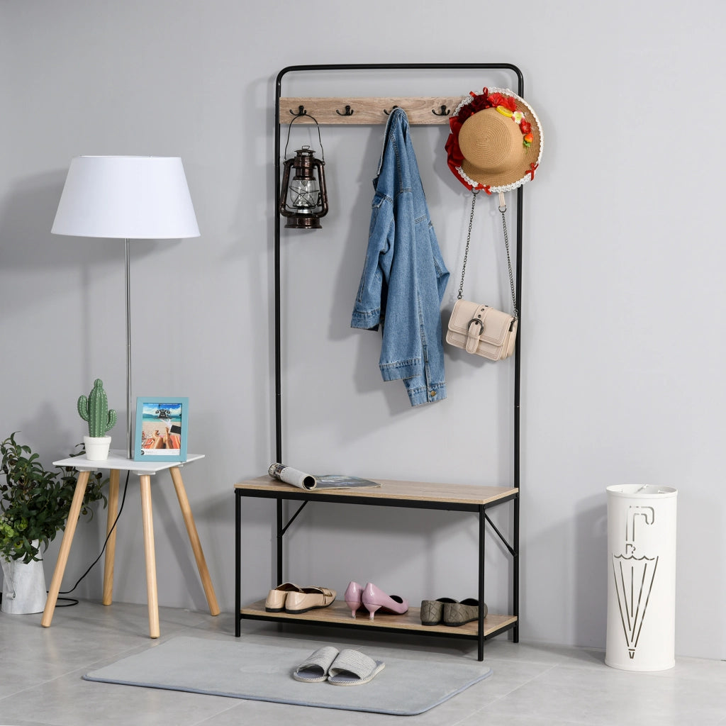 Appendiabiti con Panca e Scarpiera ¨C Minimal ¨C Legno e Acciaio, Nero, 80.5x30x170 cm