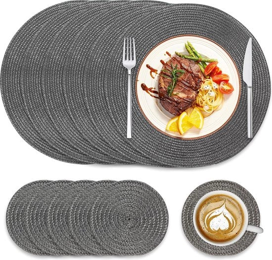 Piatti per tavola lavabili | Piatti rotondi doppie da 38 x 38 cm, lavabili | Set di 6 piatti + 6 sottopiani per bicchieri