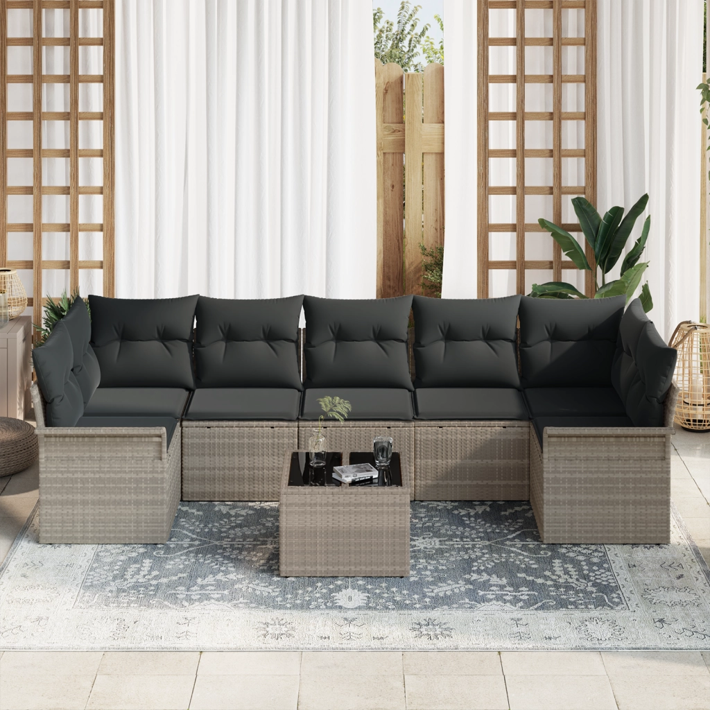 Set di divani da giardino  8 pezzi con cuscini Grigio chiaro Polirattan