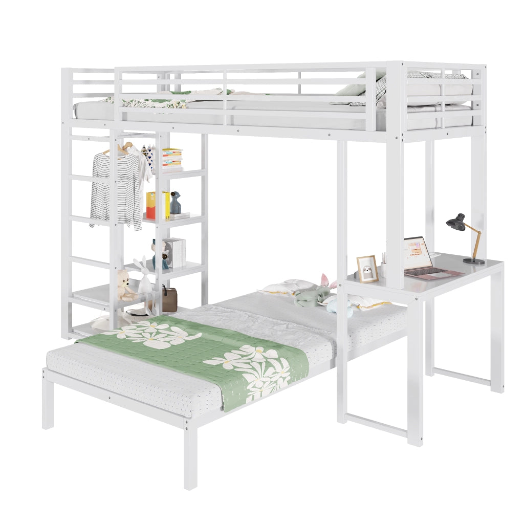 Letto a soppalco singolo 90×200 cm con scrivania; ripiani e guardaroba; senza materasso; metallo e MDF; bianco