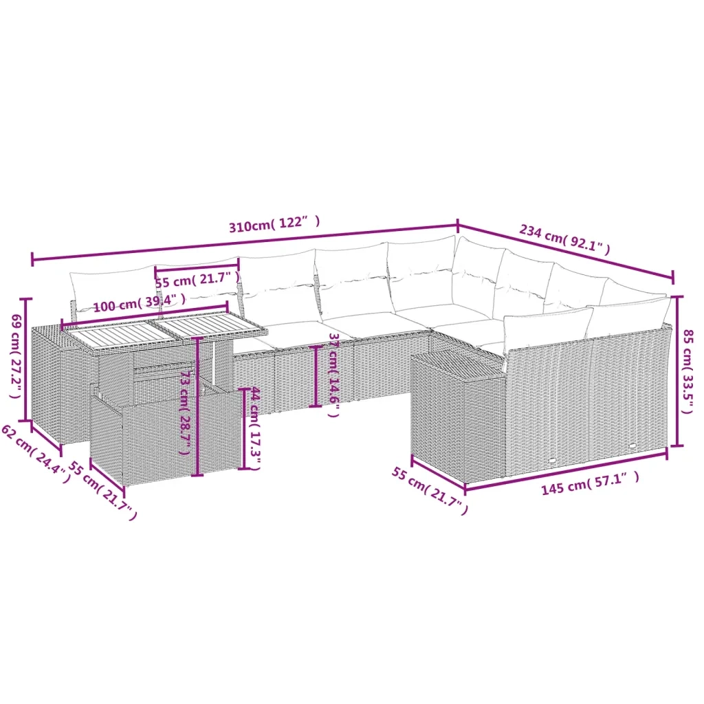 Set Divano da Giardino 10 pz con Cuscini Beige in Polyrattan 3272802