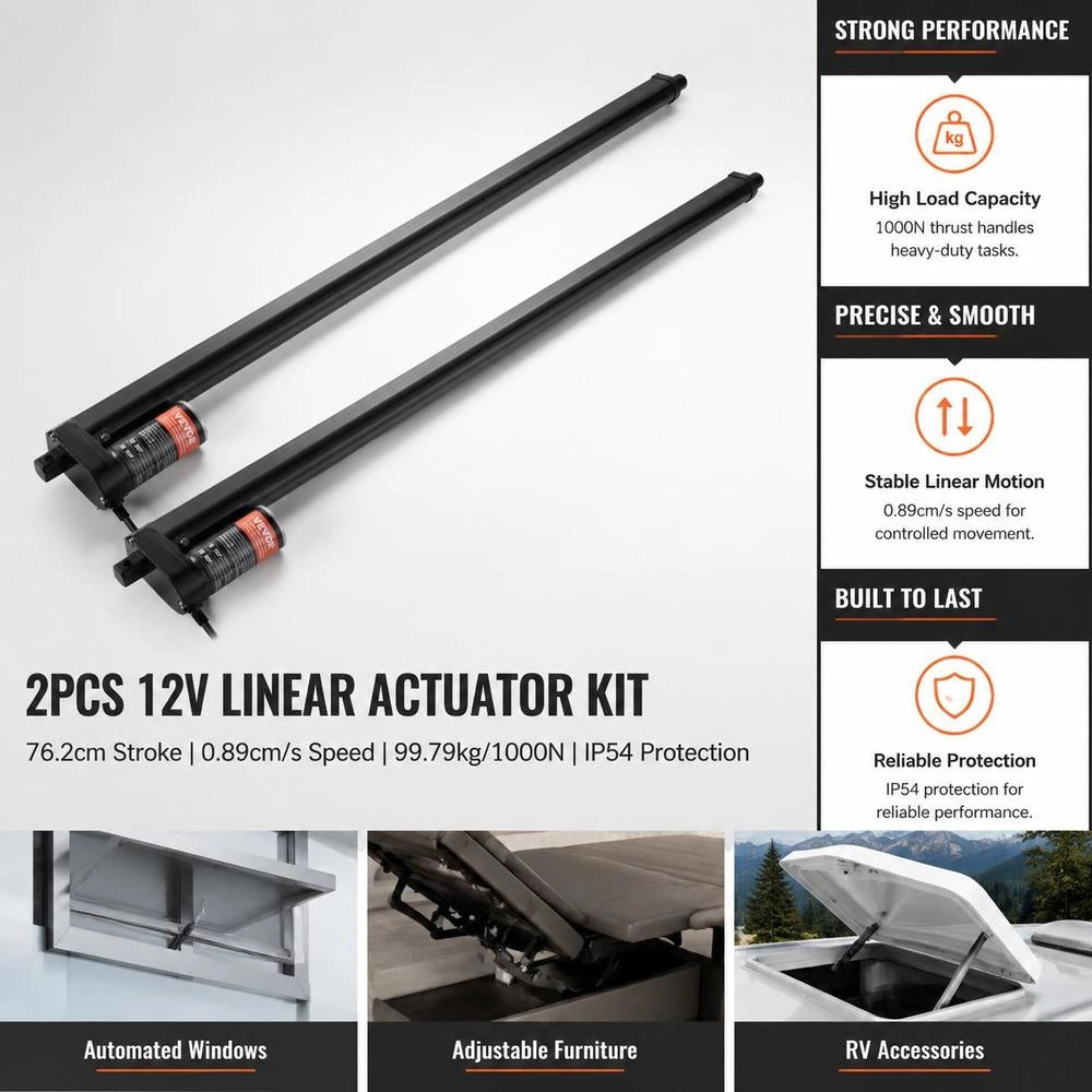 2pcs. 12V Linear Actuator Kit 76.2cm 0.89cm/s 99.79kg/1000N IP54 Protection