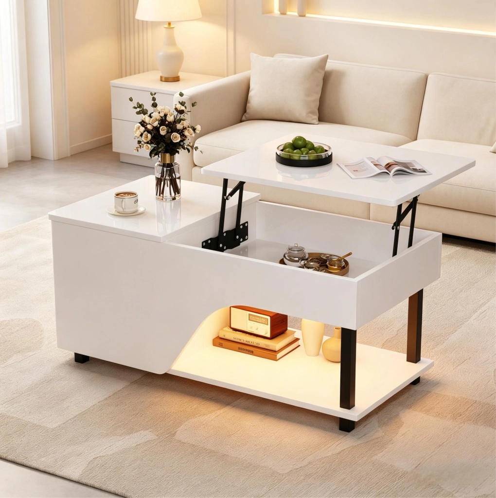 Tavolino da salotto sollevabile 50 x 100 x 46 cm in truciolare bianco con LED e vano contenitore