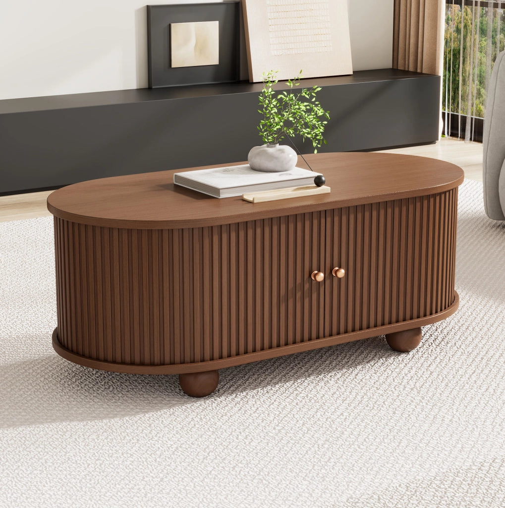 Tavolino da caffè ovale in MDF 100x50x40 cm con porta scorrevole e contenitore; noce