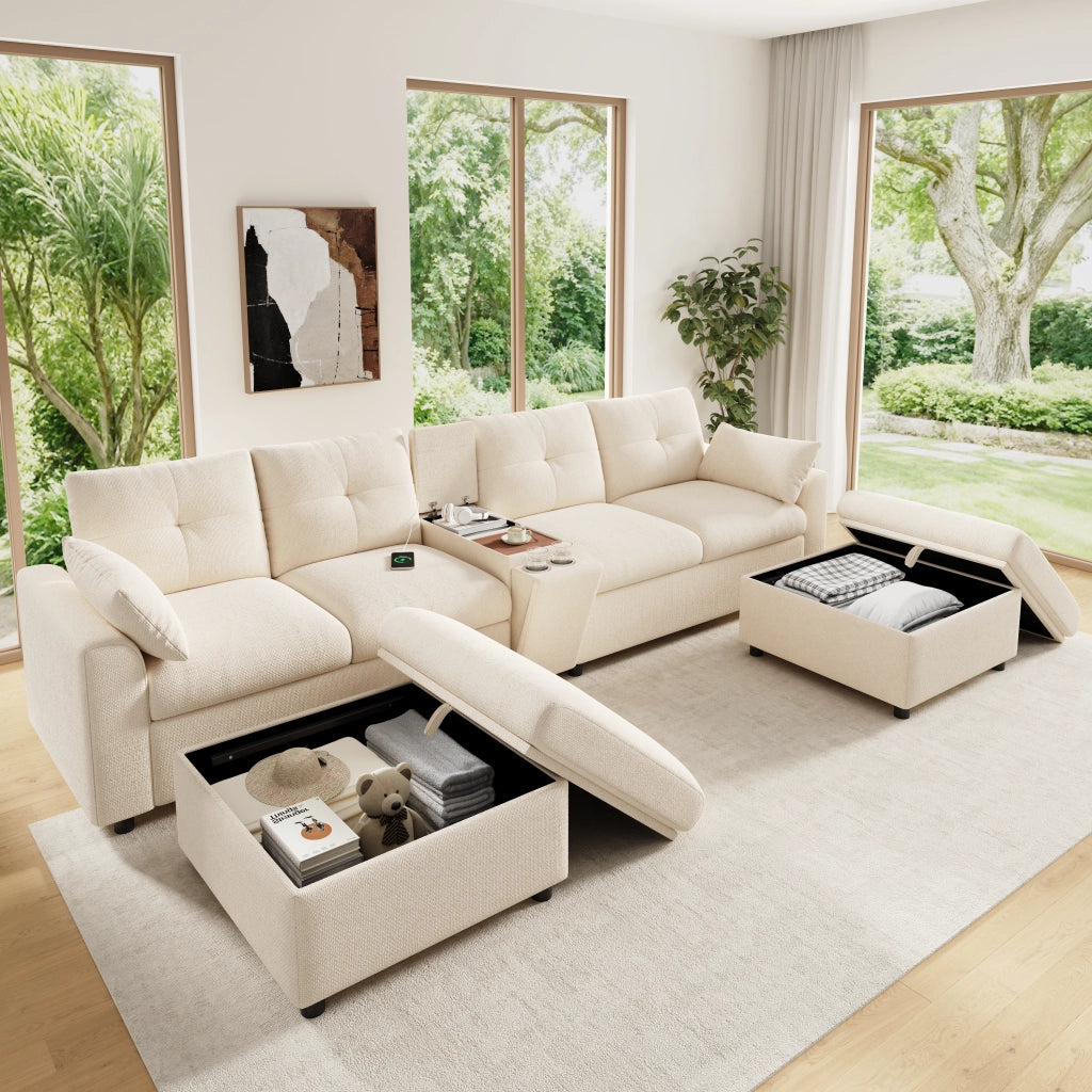 Divano angolare modulare 6 posti - con consolle e contenitore - in ciniglia - beige