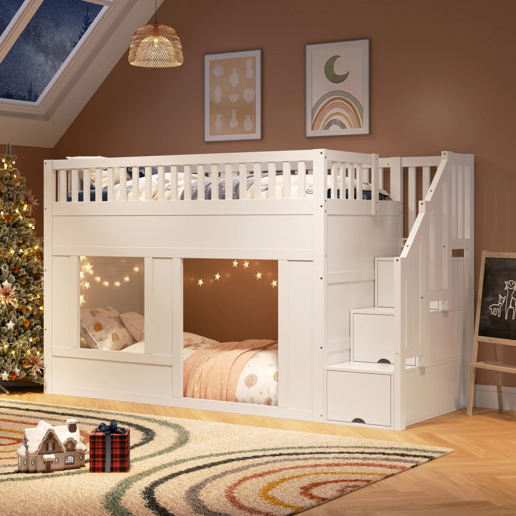 Letto a castello 90×200 cm 1 posto letto con scala contenitore e spazio gioco; senza materasso; in legno e MDF bianco