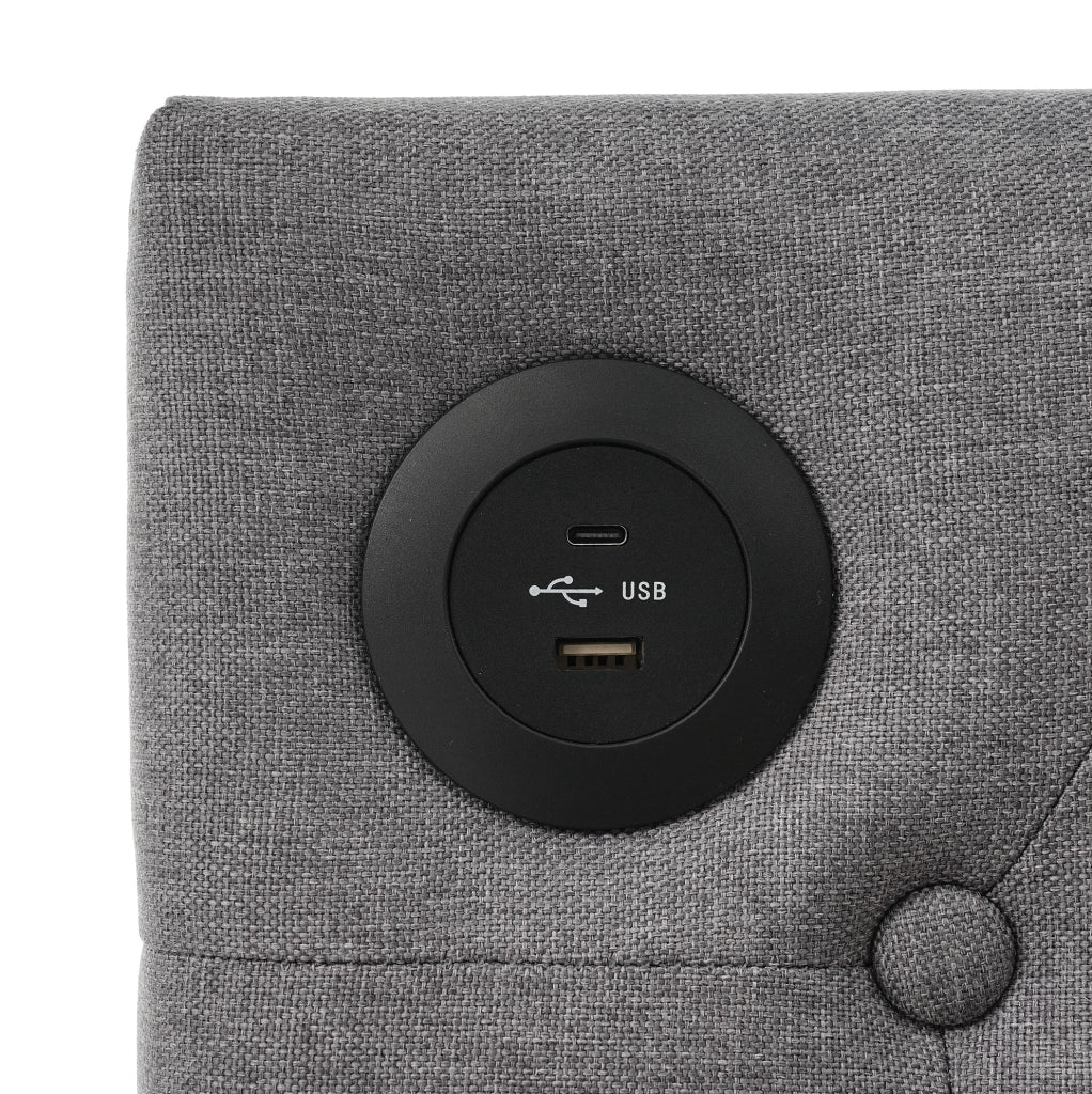 Letto singolo 90x190 cm con 2 cassetti, USB e USB-C in lino grigio