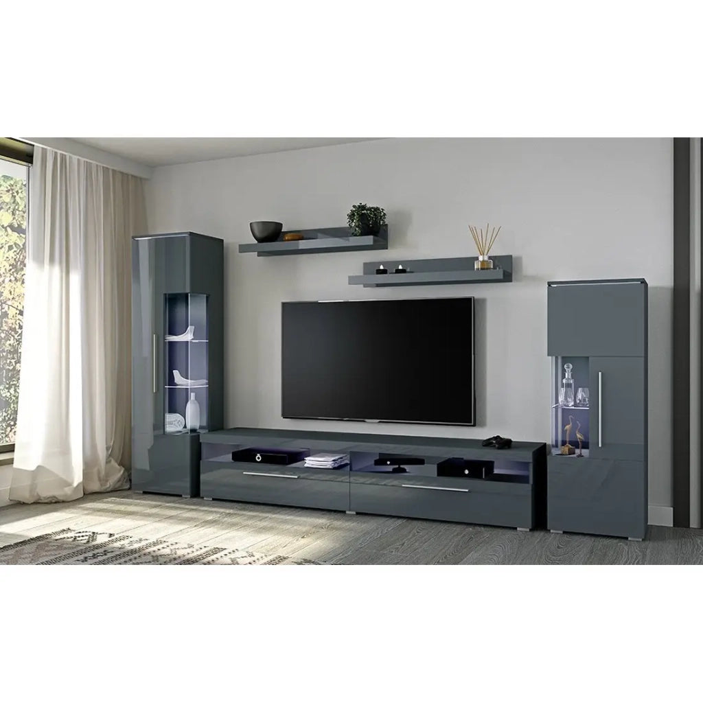Vetrina alta design con illuminazione LED multicolore collezione BOMBAY. Colore grigio lucido. Apertura a sinistra.