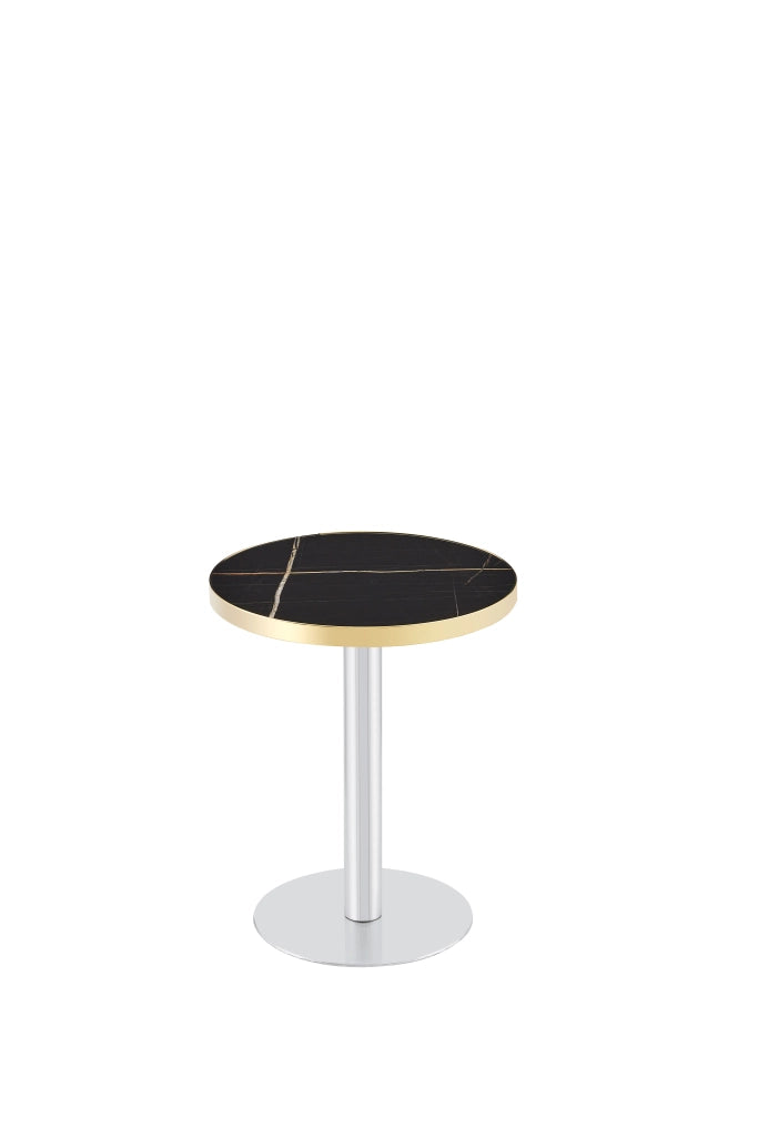 Tavolino basso rotondo con piano effetto marmo UV e bordo in acciaio inox color oro, per soggiorno, nero, in MDF