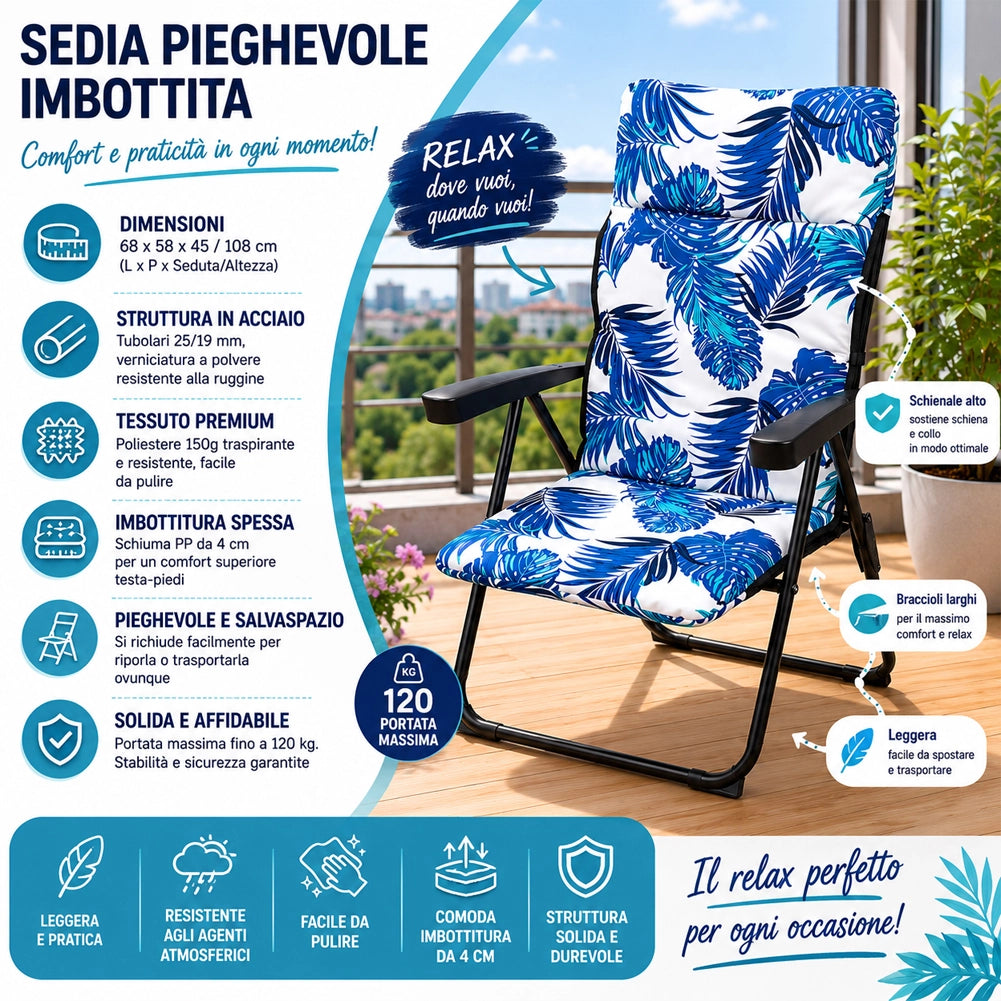Sedia Sdraio Relax Cuscino Struttura Pieghevole Design Floreale 68x58x45/108cm