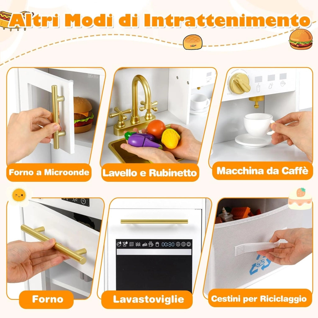 Cucina Giocattolo per Bambini, Cucinetta in Legno con Fornelli con Suoni e Luci, Macchina da Caffè, Microonde, Rubinetto, Lavello e Accessori, per Bambini 3+ Anni (Bianco)