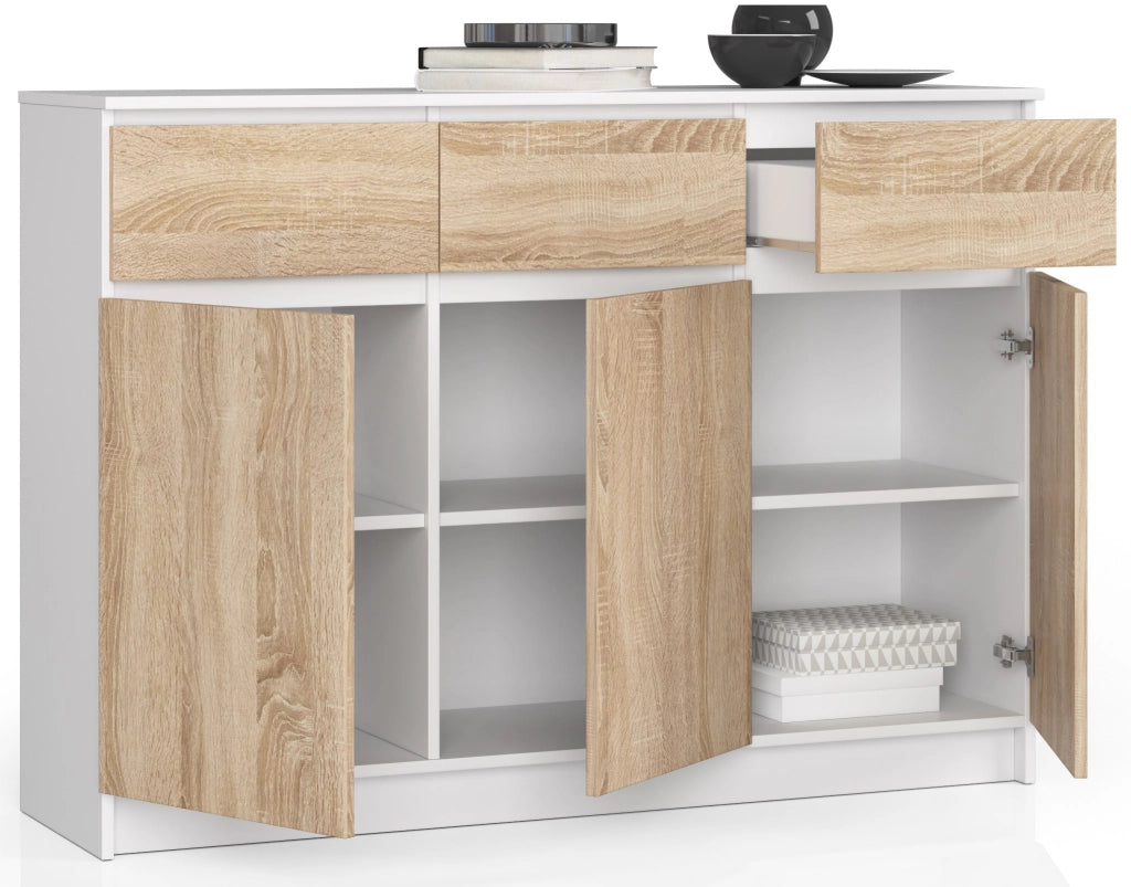 Cassettiera AKORD K140 Bianca 138 cm 3 ante 3 cassetti inserto frontale Sonoma Quercia 138x40x99 cm