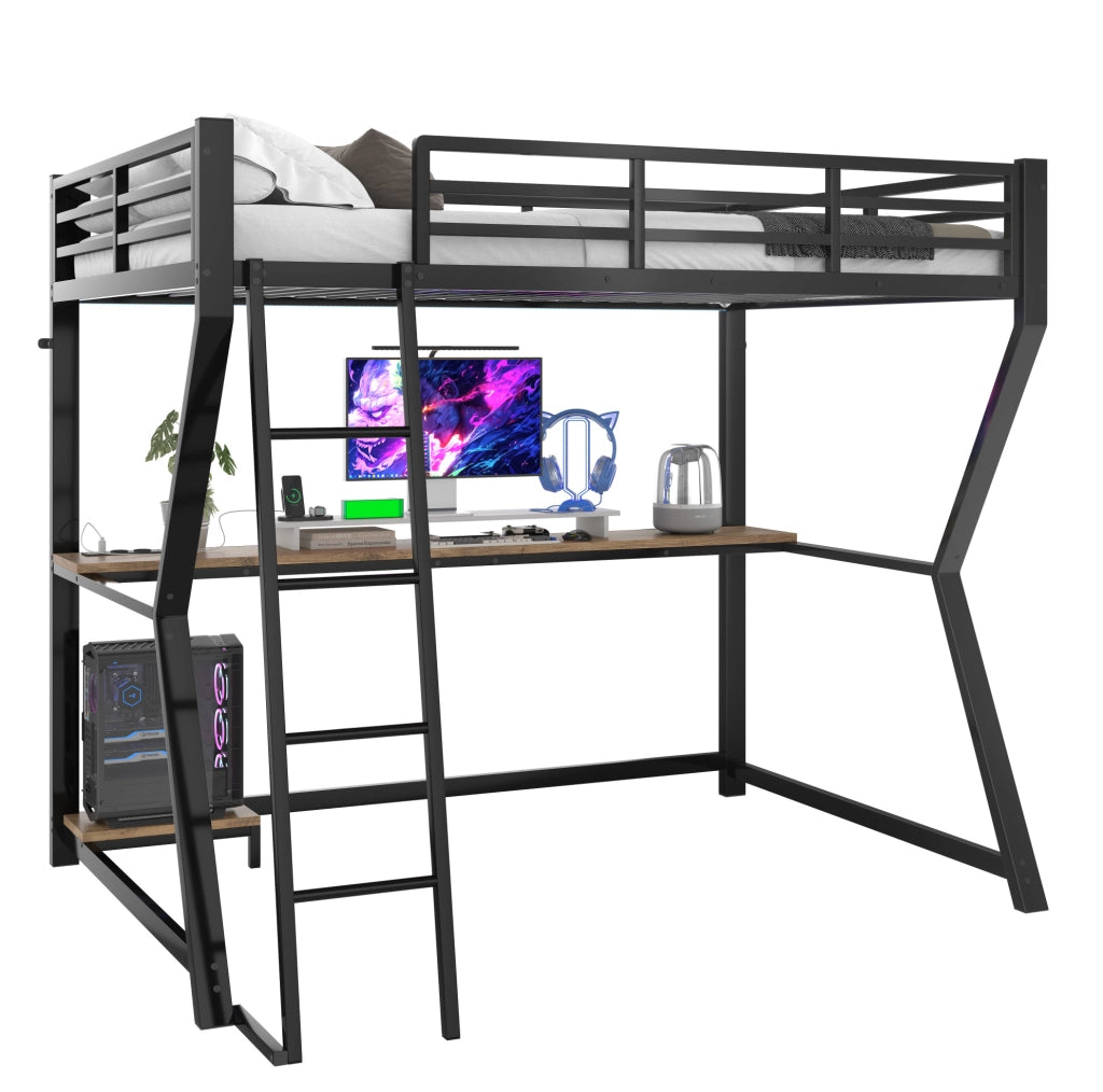 Letto a soppalco 90x200 cm in metallo e MDF con scrivania; luce ambiente e USB; nero