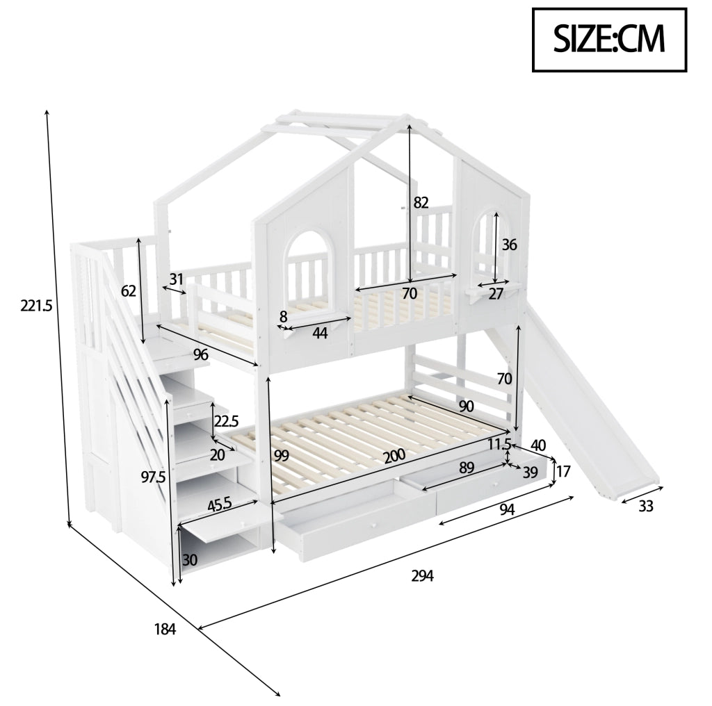 Letto a castello per bambini 90x200 cm con scivolo bianco