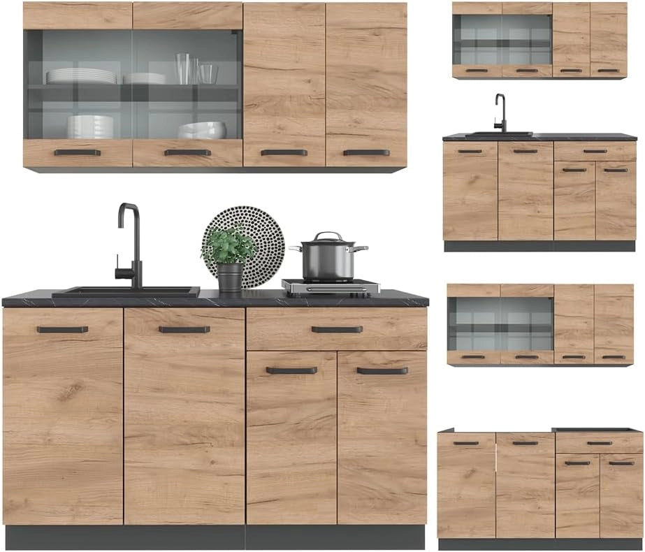 Cucina completa R-Line, Quercia dorata, 140 cm senza piano di lavoro, adatto per l'espansione flessibile con moduli aggiuntivi