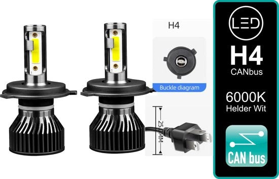 Set di 2 lampade LED H4 18000 Lumen Bianco Intenso 6000k Incluso chip EMC e adattatore CANbus 100 Watt Motorizzato con funzione di regolazione della luminosità e grande luminosità adatta per l'illuminazione delle luci di posizione e grandi luci diurne.