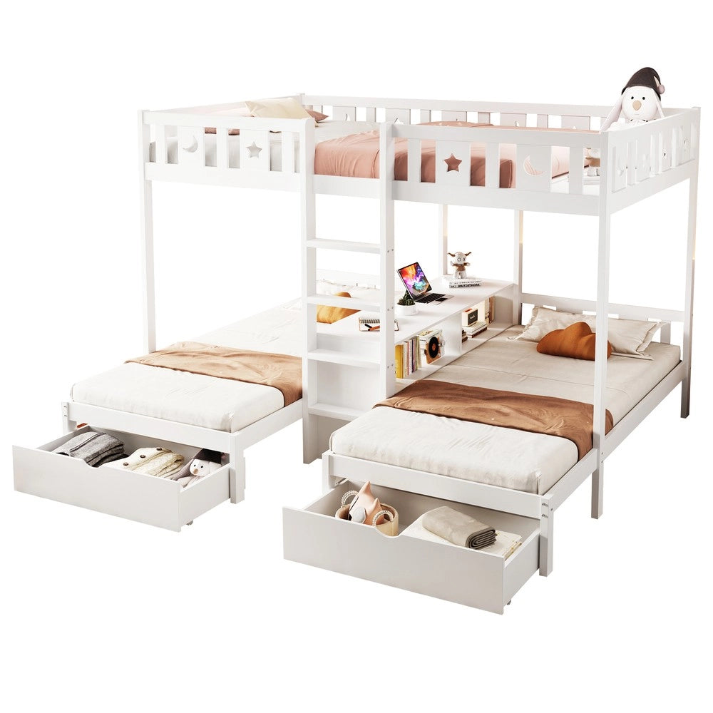 Letto a Soppalco con Scala, Cassetti e Contenitore ¨C Xylo ¨C Massello Bianco 90x200 / 140x200