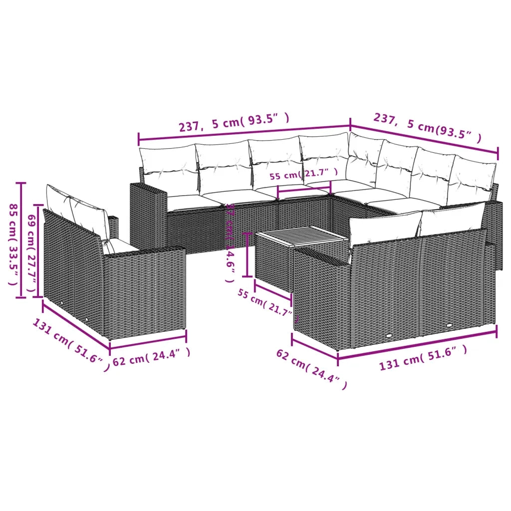 Set Divani da Giardino 12 pz con Cuscini Nero in Polyrattan 3224382
