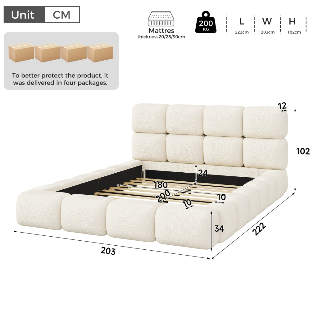 Letto matrimoniale imbottito 180x200 cm design nuvola con testiera imbottita e rete a doghe; bouclé bianco