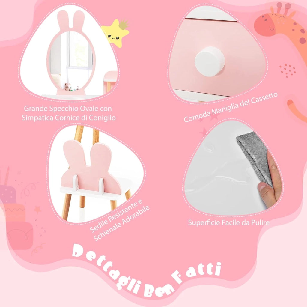 Toeletta Trucco 2 in 1 per Bambina, Specchiera a Forma di Coniglio Staccabile per Ragazza in Legno con Sgabello, Ripiano e 2 Cassetti, Postazione Trucco, 78 x 37 x 110cm (Rosa)