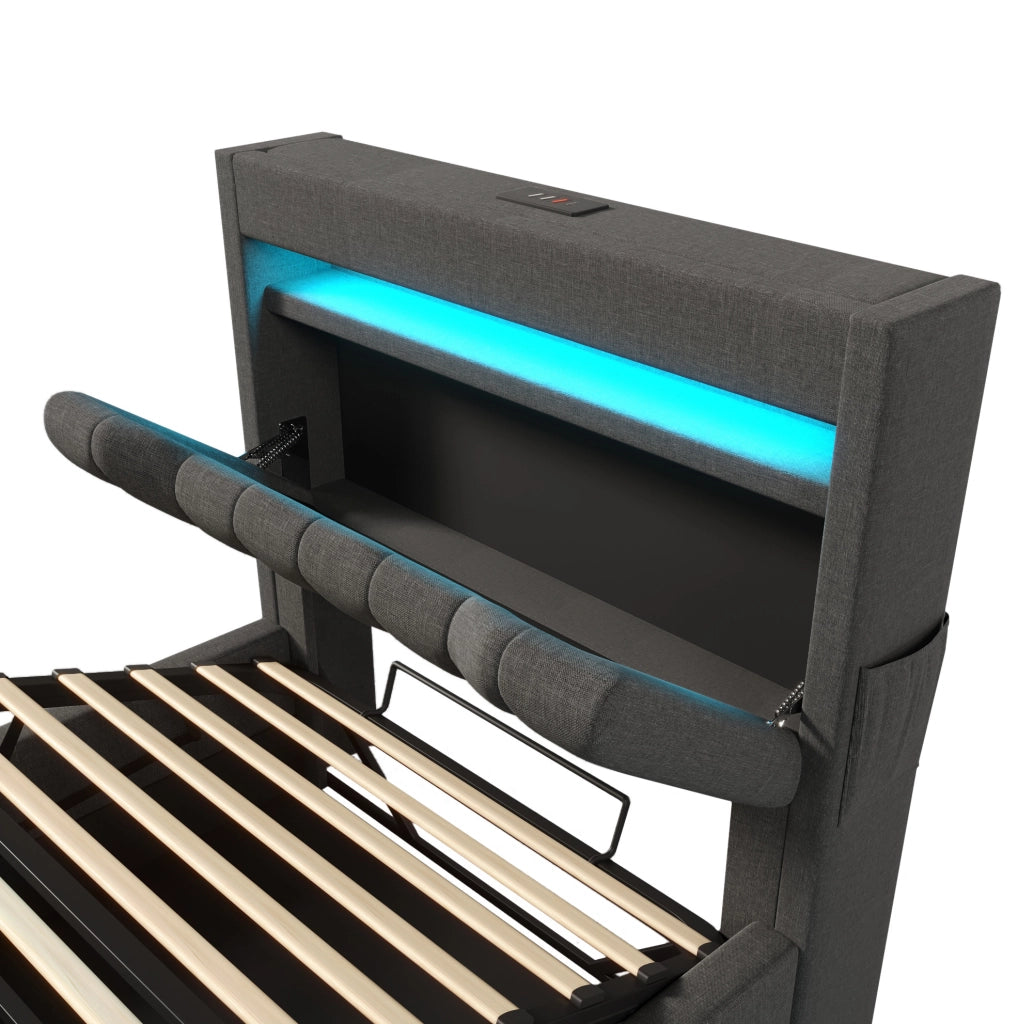 Letto 90x200 cm con LED; USB e Type-C; contenitore idraulico; lino grigio; con materasso