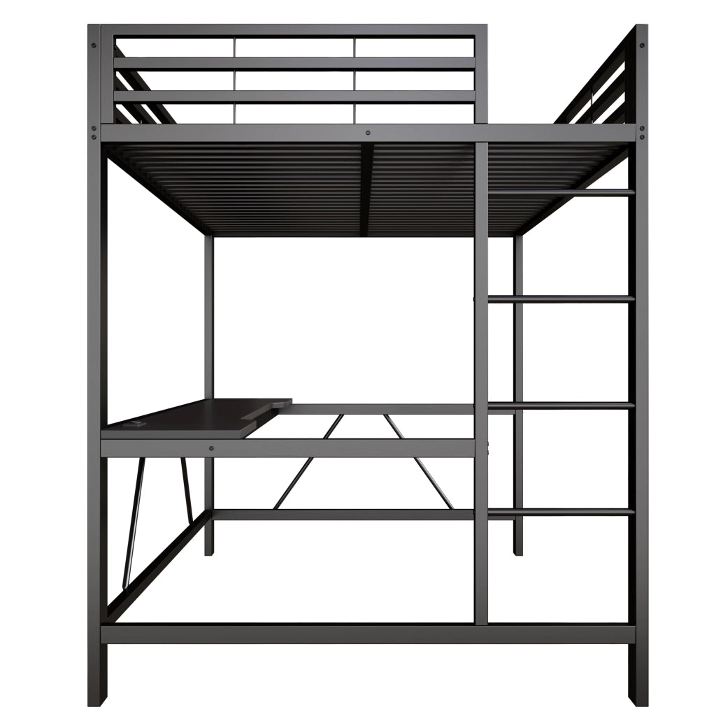 Letto a soppalco 140 × 200 cm con scrivania e LED in metallo e MDF nero con 24 doghe e sponde rialzate