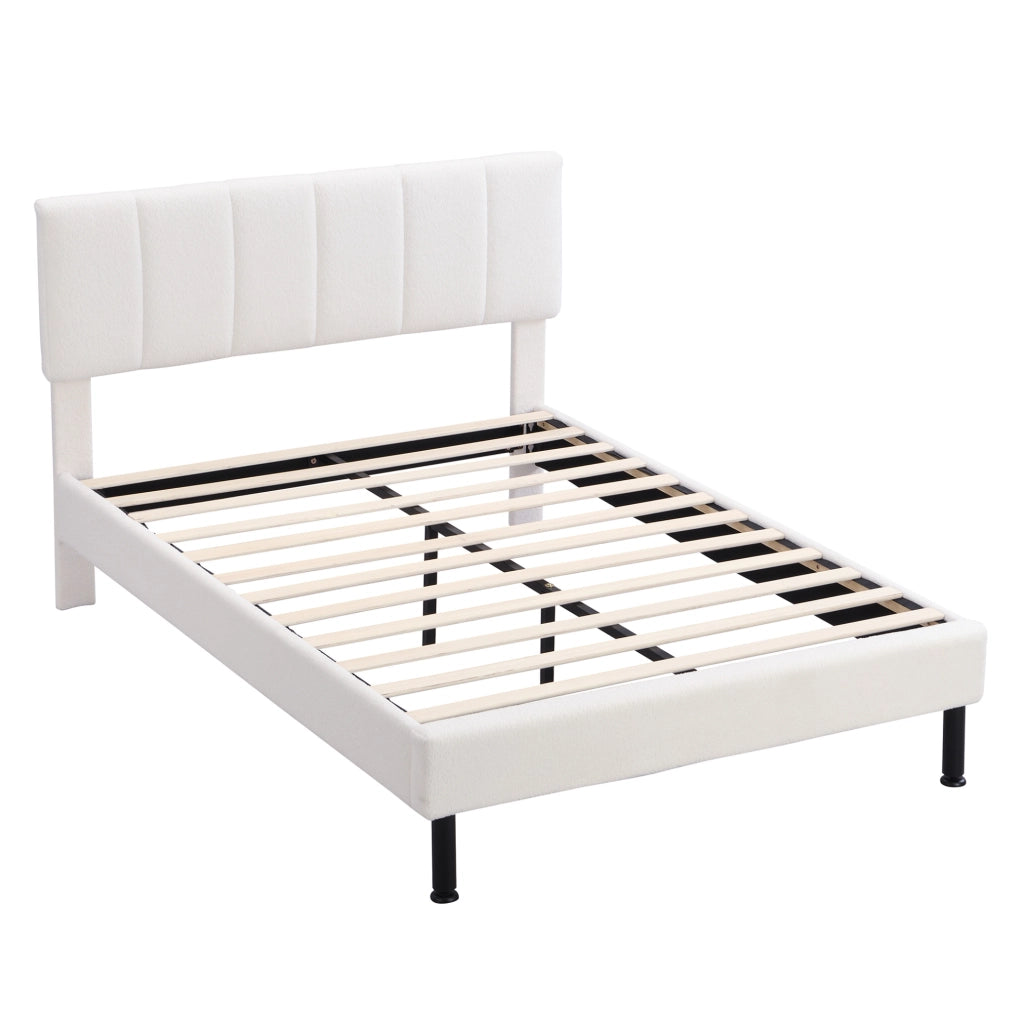 Letto imbottito 140x190 cm in tessuto Sherpa beige con rete a doghe e piedi in ferro