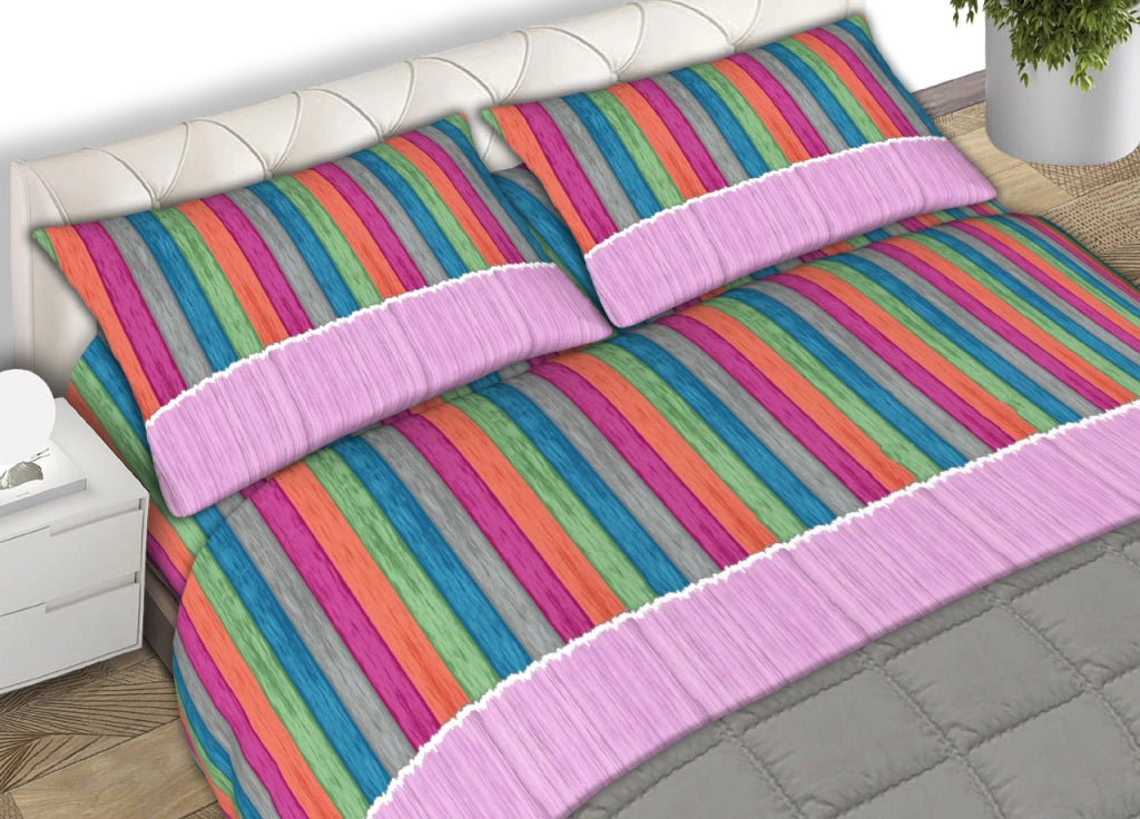 Completo Lenzuola 100% Cotone Made Italy Disegno Multicolor - Matrimoniale - Rosa