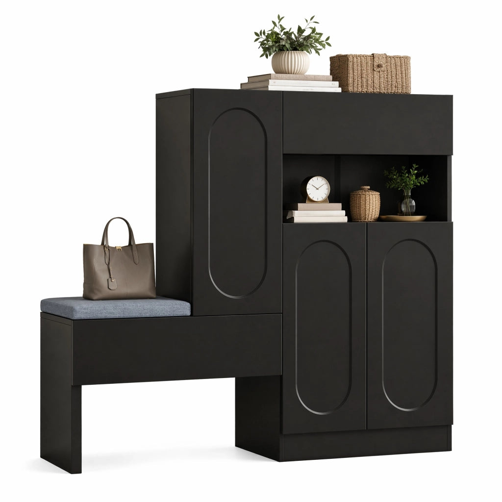 Mobile scarpiera 2 in 1 con panca imbottita e ante soft-close, nero, 130x35x110 cm