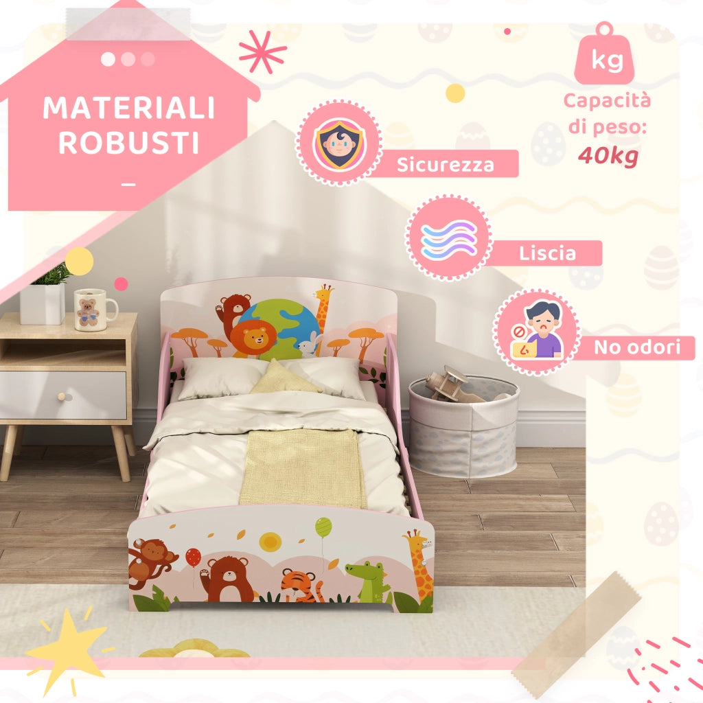 Letto Singolo per Bambini in Legno con Sponde di Sicurezza ¨C zephmum ¨C 143x77x60 cm Rosa
