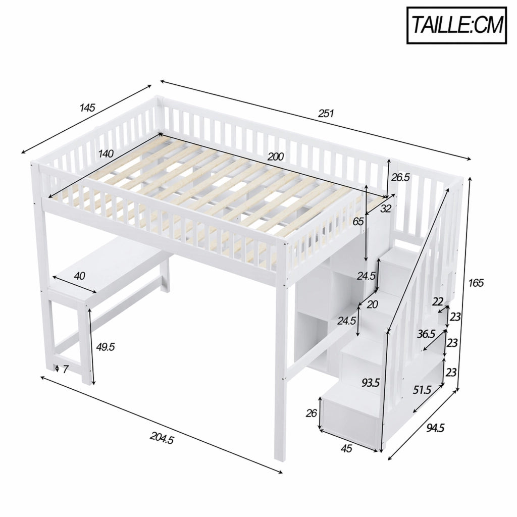 DESMIU Letto a Soppalco Singolo con LED, Scala Contenitore e Scrivania 140 × 200 cm, Senza Materasso, Bianco