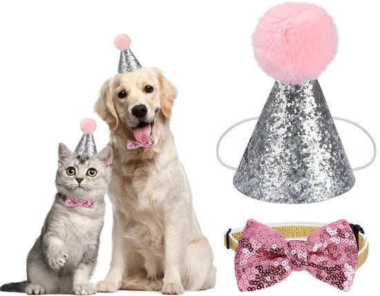 Cappello per animali domestici da festa - Cappello adattabile - 2 pezzi - Cinturino elastico per stabilità - Abbigliamento per animali domestici con pailletten