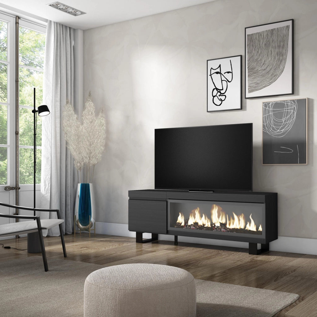 Mobile TV Soggiorno, 158x35x57cm, Per TV fino a 65", Camino elettrico XXL, Design industriale, Nero RF3246