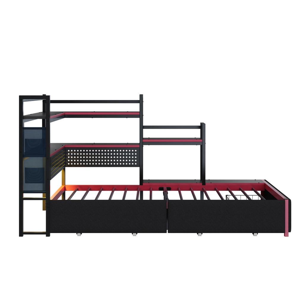 Letto con Cassetti e LED in Metallo ¨C MINIMAL ¨C Nero, con Rete, USB e Pannello Forato