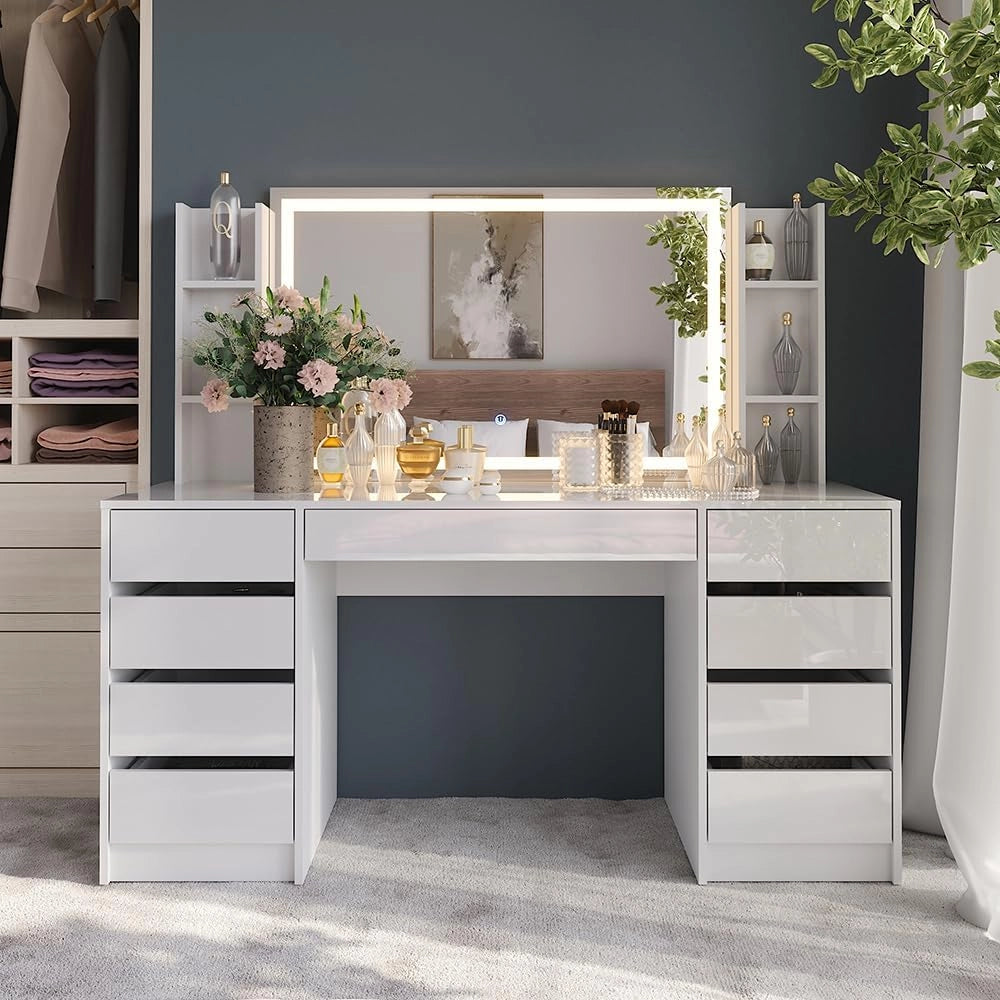 Tavolo da toeletta Sherry, Bianco/bianco lucido, 158.2 cm 4 parti, con illuminazione LED e specchio regolabile in altezza