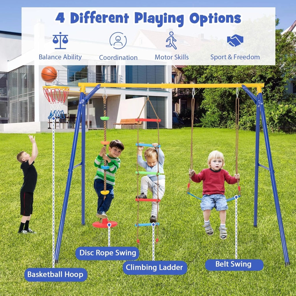 Set di altalena per bambini, 4 in 1, con altalena, scaletta e cestino da basket, altalena da giardino con struttura, struttura da gioco per bambini all'aperto, WY00233HNDE