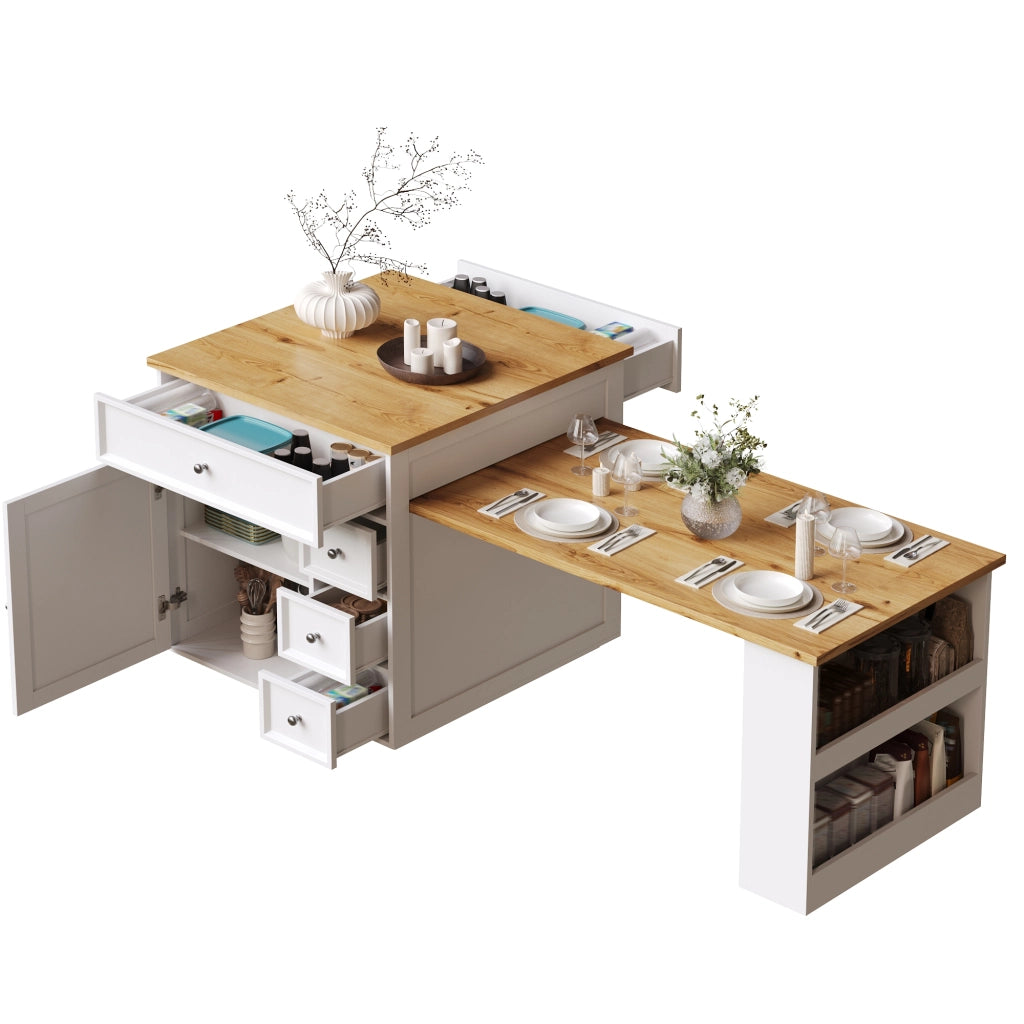 Isola Cucina Allungabile con Cassetti e Ruote ¨C MINIMAL ¨C Bianco, Piano Effetto Legno, 120-184 cm