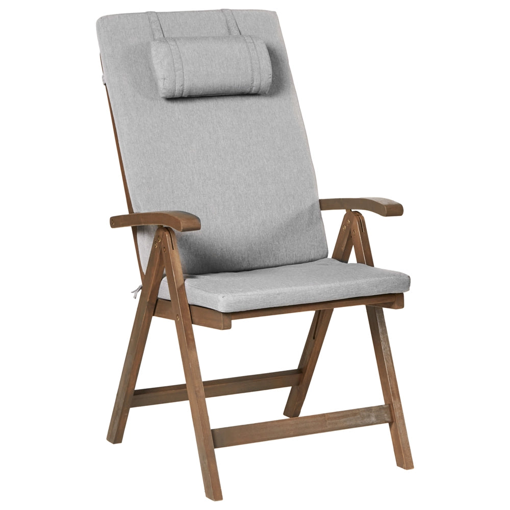 Set di 2 sedie da giardino rustiche in legno d'acacia naturale e cuscini Grigio melange regolabili e pieghevoli per esterni con braccioli in stile rustico