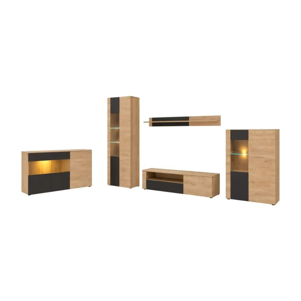 Salon completo DOUM - Credenza bassa, vetrina, mobile TV, credenza alta e mensola a muro - Rovere chiaro e nero
