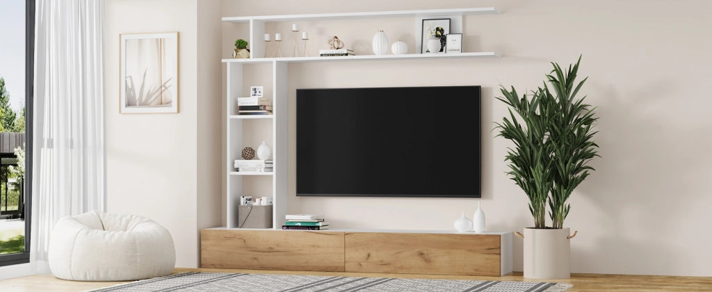Cassettiera TV bianca e rovere in truciolare lunghezza 180 cm
