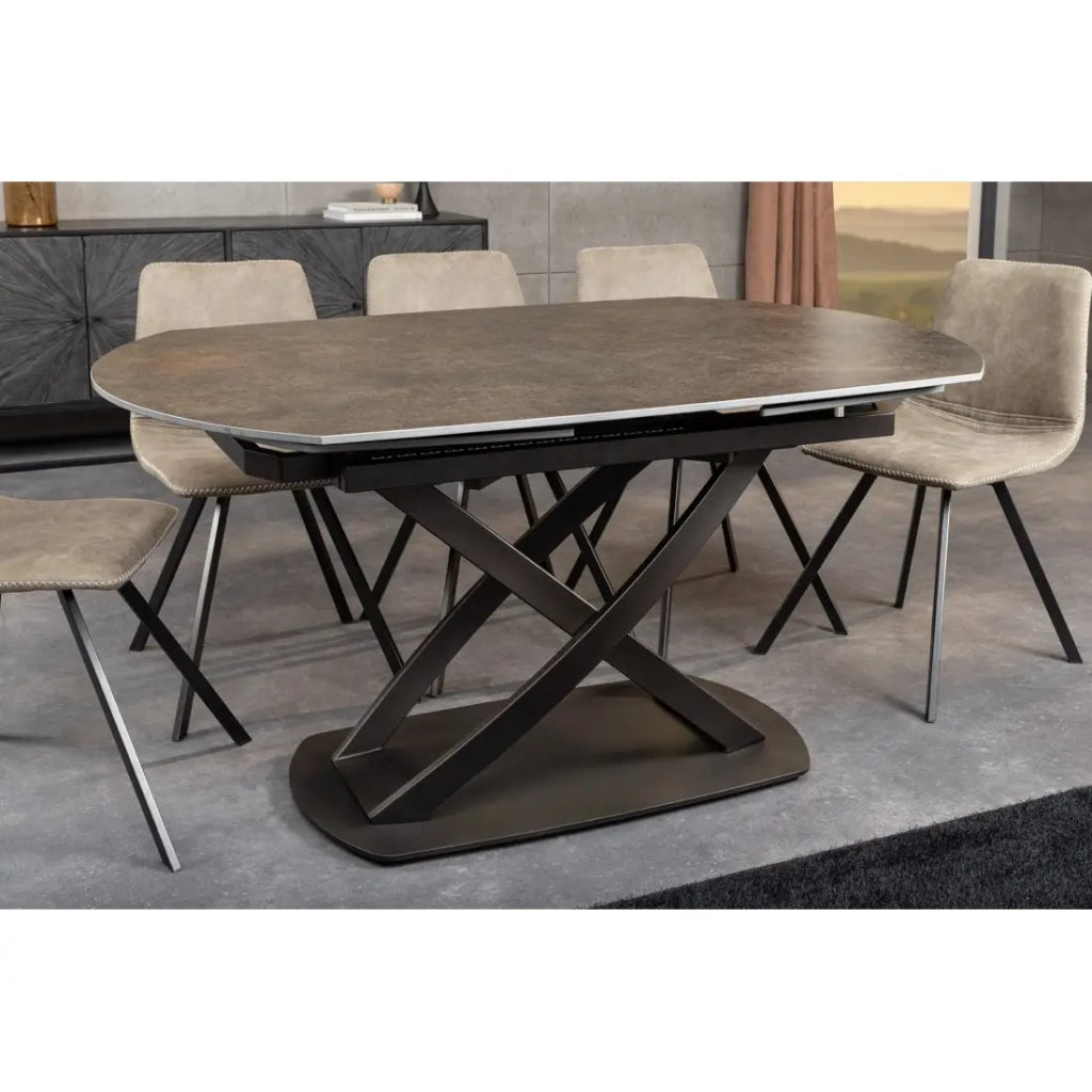 Table ATONIA – Allungabile ovale 130 a 190 cm – Piano in ceramica effetto marmo bronzo – Gambe in metallo – Stile moderno