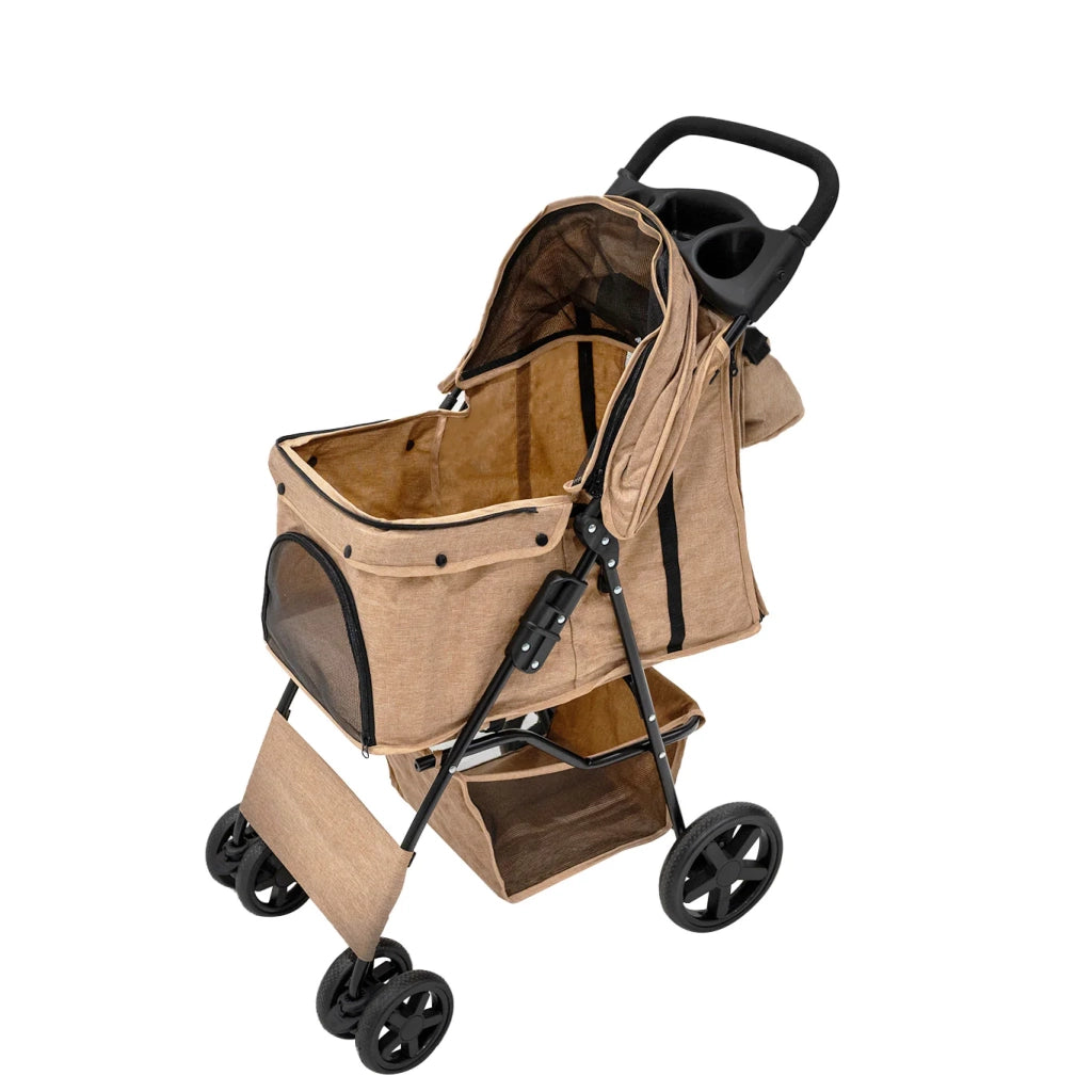 Passeggino per animali Beige con Borsa Organizer Pieghevole da Viaggio per Cani