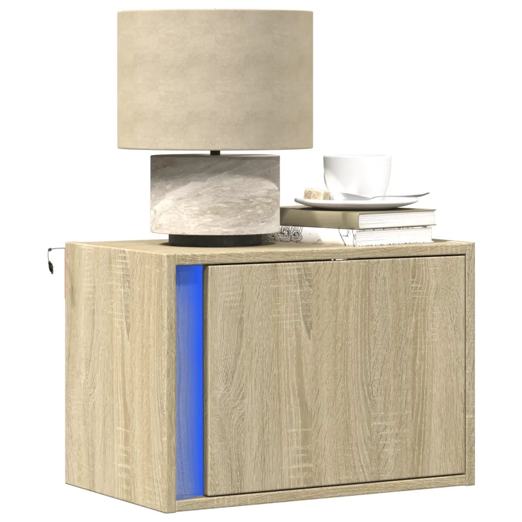 Comodino | Armadio da Notte | Mobiletto da notte a Parete con luci LED Rovere Sonoma