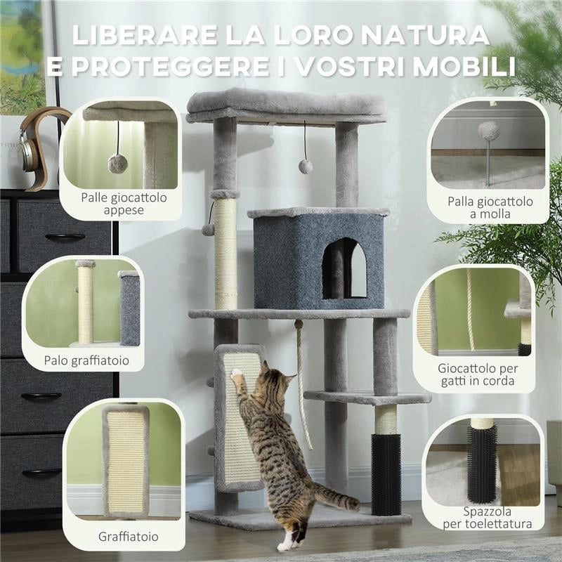 ALBERO PER GATTI MULTILIVELLO ALTO 132 CM CON CASETTA, LETTINO, PALI TIRAGRAFFI, SPAZZOLA E PALLINA, GRIGIO